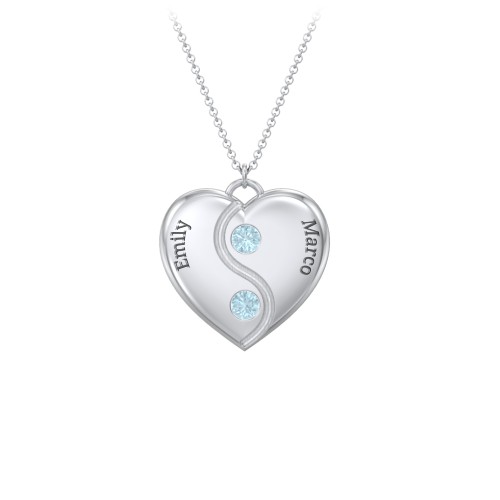 Engraved Yin Yang Heart Pendant with Birthstones – Sterling Silver with Blue Topaz