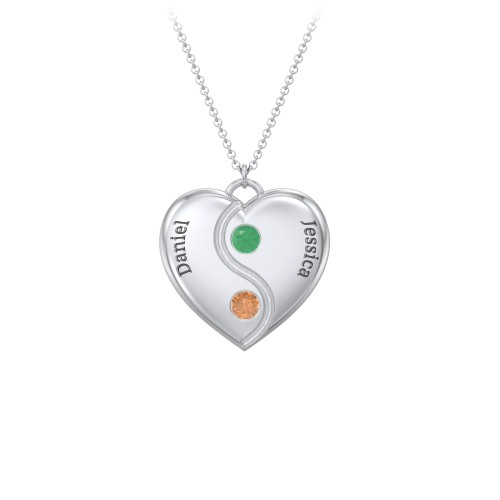 Engraved Yin Yang Heart Pendant with Birthstones