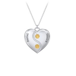 Engraved Yin Yang Heart Pendant with Birthstones in 925 Sterling Silver with Citrine