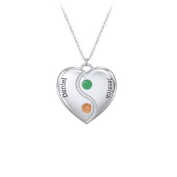 Engraved Yin Yang Heart Pendant with Birthstones in 925 Sterling Silver with Emerald and Orange Sapphire