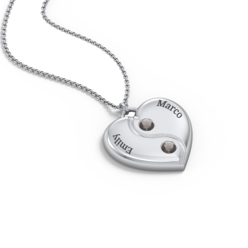 Engraved Yin Yang Heart Pendant with Birthstones – Sterling Silver with Smokey Quartz