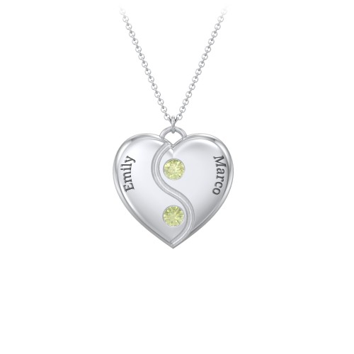 Engraved Yin Yang Heart Pendant with Birthstones – Sterling Silver with Peridot