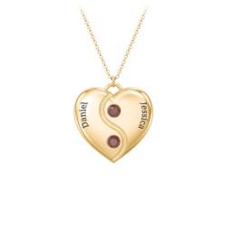 Engraved Yin Yang Heart Pendant with Birthstones in 10K Solid Yellow Gold with Garnet