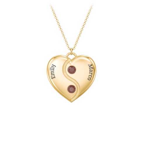 Engraved Yin Yang Heart Pendant with Birthstones – 10K Yellow Gold with Garnet
