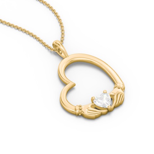Tilted Heart Claddagh Pendant – 18K Gold Plated Silver with Diamond