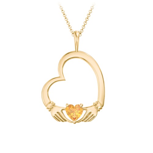 Tilted Heart Claddagh Pendant – 18K Gold Plated Silver with Citrine