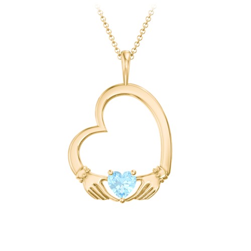 Tilted Heart Claddagh Pendant – 18K Gold Plated Silver with Blue Topaz