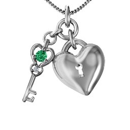 Treasured Heart with Key Pendant in 925 Sterling Silver with Emerald