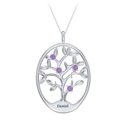 4-15 Stones Oval Family Tree Pendant in 925 Sterling Silver with Amethyst, Citrine, Peridot, Blue Sapphire, Smokey Quartz, Garnet, and Ruby