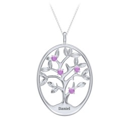 4-15 Stones Oval Family Tree Pendant in 925 Sterling Silver with Amethyst, Citrine, Peridot, Blue Sapphire, Smokey Quartz, Garnet, and Ruby