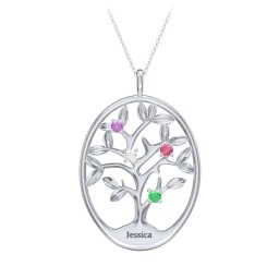 4-15 Stones Oval Family Tree Pendant in 925 Sterling Silver with Amethyst, Cubic Zirconia, Ruby, Emerald, Citrine, Peridot, Blue Sapphire, Smokey Quartz, and Garnet