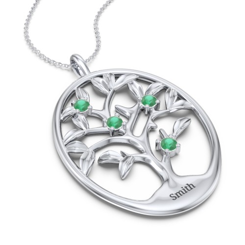 4-15 Stones Oval Family Tree Pendant – Sterling Silver with Emerald