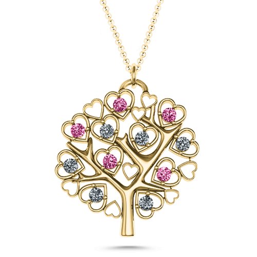 Heart Family Tree Pendant – 10K Yellow Gold with Pink Tourmaline and Cubic Zirconia