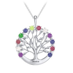 Circle of Life Family Tree Pendant in 925 Sterling Silver with Amethyst, Cubic Zirconia, Ruby, Emerald, Blue Sapphire, and Peridot