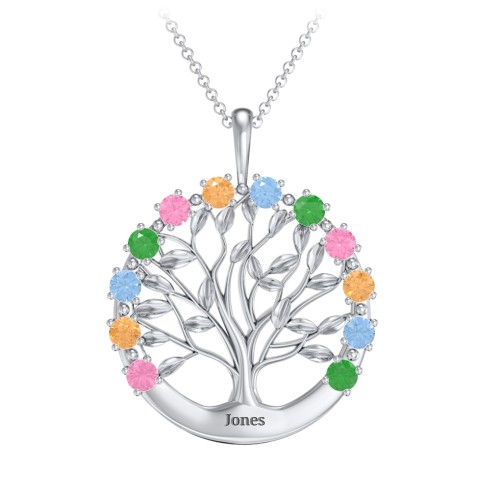 Circle of Life Family Tree Pendant – Sterling Silver with Pink Tourmaline, Citrine, Blue Topaz, and Emerald