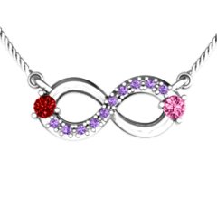 Double Stone Horizontal Infinity Pendant with Accents – Sterling Silver with Garnet, Pink Tourmaline, and Amethyst Premium Zirconia