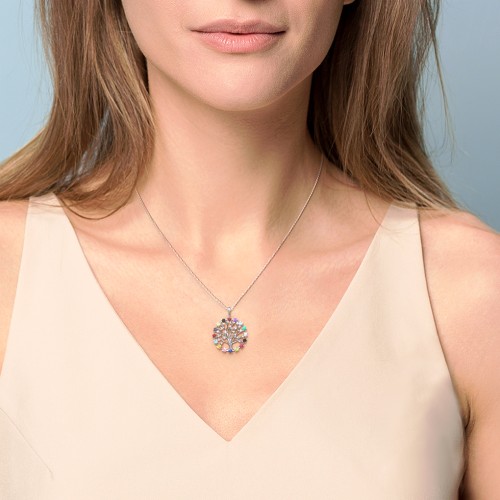 Halo Family Tree Pendant – Sterling Silver with Garnet, Ruby, Opal, and Cubic Zirconia