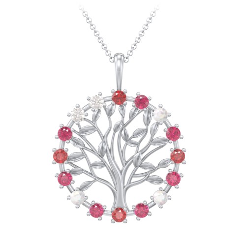 Halo Family Tree Pendant – Sterling Silver with Garnet, Ruby, Opal, and Cubic Zirconia