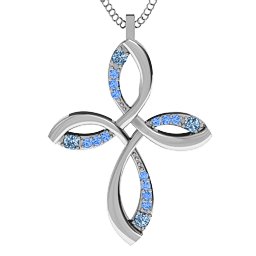 Stylish Curved Cross Pendant in 925 Sterling Silver with Aquamarine and Fancy Blue Premium Zirconia