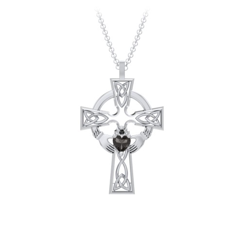Claddagh Celtic Cross Pendant – Sterling Silver with Smokey Quartz and Black Premium Zirconia