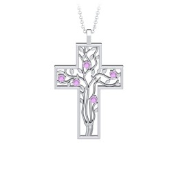 3 - 10 Stone Family Tree Cross Pendant in 925 Sterling Silver with Amethyst, Aquamarine, Emerald, S04CZIR, and Fancy Brown Premium Zirconia