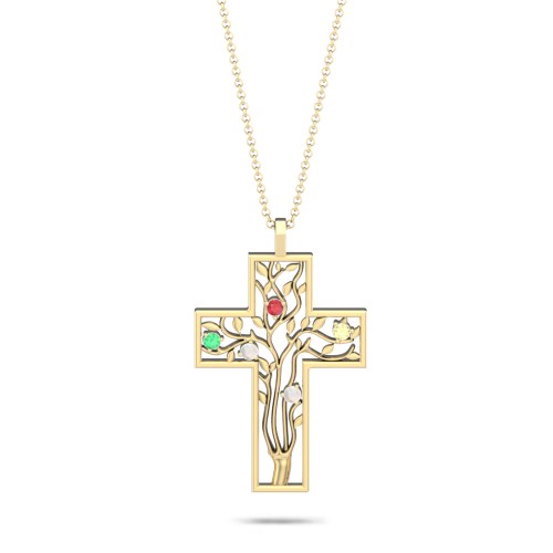 3 - 10 Stone Family Tree Cross Pendant – 10K Yellow Gold with Garnet, Emerald, Opal, and Citrine