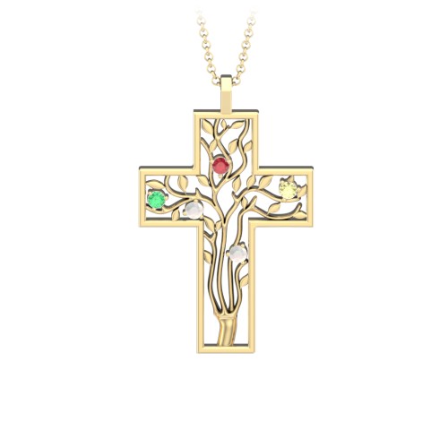 3 - 10 Stone Family Tree Cross Pendant – 10K Yellow Gold with Garnet, Emerald, Opal, and Citrine