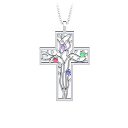 3 - 10 Stone Family Tree Cross Pendant in 925 Sterling Silver with Amethyst, Cubic Zirconia, Ruby, Emerald, Blue Sapphire, Aquamarine, S04CZIR, and Fancy Brown Premium Zirconia