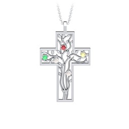 3 - 10 Stone Family Tree Cross Pendant in 925 Sterling Silver with Garnet, Emerald, Opal, Citrine, Amethyst, Aquamarine, S04CZIR, and Fancy Brown Premium Zirconia