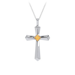 Flared Cross Pendant with Princess Stone in 925 Sterling Silver with Citrine