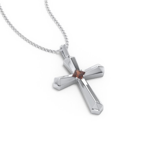 Flared Cross Pendant with Princess Stone – Sterling Silver with Garnet