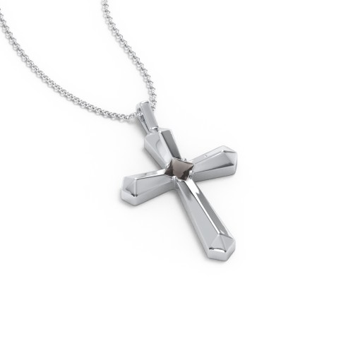 Flared Cross Pendant with Princess Stone – Sterling Silver with Smokey Quartz