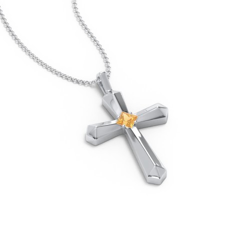Flared Cross Pendant with Princess Stone – Sterling Silver with Citrine