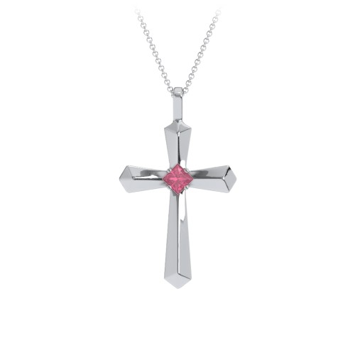 Flared Cross Pendant with Princess Stone – Sterling Silver with Pink Tourmaline