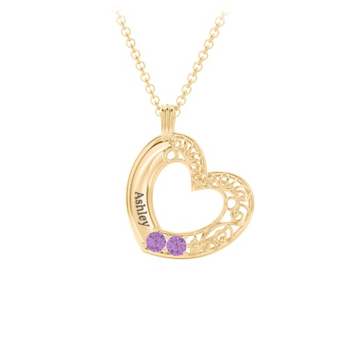 Engravable Filigree Heart Pendant with Birthstones – 18K Gold Plated Silver with Amethyst