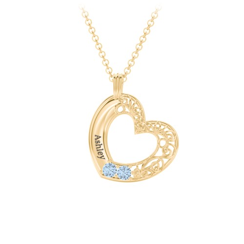 Engravable Filigree Heart Pendant with Birthstones – 18K Gold Plated Silver with Blue Topaz