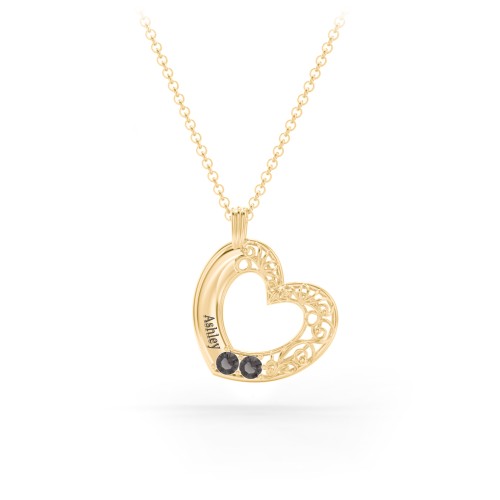 Engravable Filigree Heart Pendant with Birthstones – 18K Gold Plated Silver with Smokey Quartz