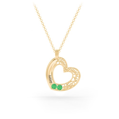 Engravable Filigree Heart Pendant with Birthstones – 18K Gold Plated Silver with Emerald