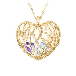 Organic Caged Hearts Pendant in 18K Gold Plated Silver with Aquamarine and Amethyst