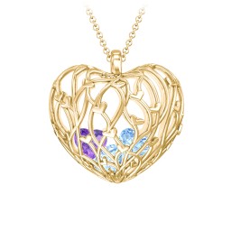 Organic Caged Hearts Pendant in 18K Gold Plated Silver with Blue Topaz and Amethyst
