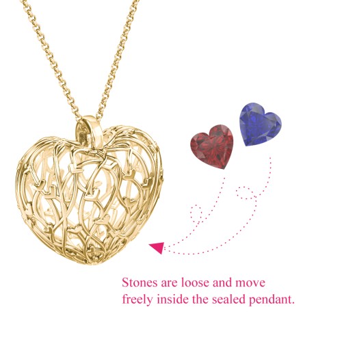 Organic Caged Hearts Pendant – 18K Gold Plated Silver with Garnet and Blue Sapphire