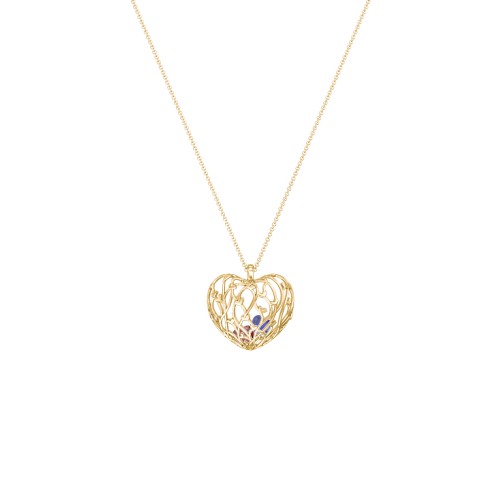Organic Caged Hearts Pendant – 18K Gold Plated Silver with Garnet and Blue Sapphire