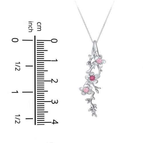 Cherry Blossoms in Bloom Branch Pendant – Sterling Silver with Ruby and Cubic Zirconia