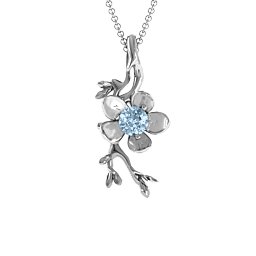 Cherry Blossom in Bloom Flower Pendant in 925 Sterling Silver with Aquamarine