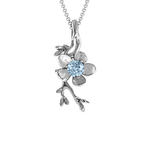 Cherry Blossom in Bloom Flower Pendant – Sterling Silver with Aquamarine