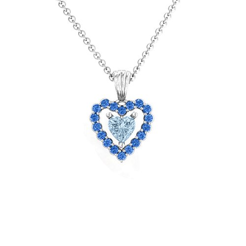 Heart in Heart Halo Pendant – Sterling Silver with Aquamarine and Fancy Blue Premium Zirconia