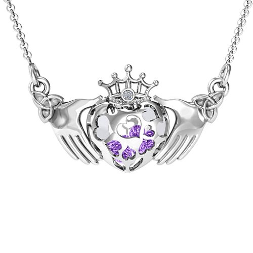 Caged Hearts Claddagh Pendant – Sterling Silver with Amethyst and Cubic Zirconia