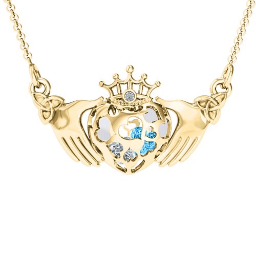 Caged Hearts Claddagh Pendant – 10K Yellow Gold with Cubic Zirconia and Blue Topaz