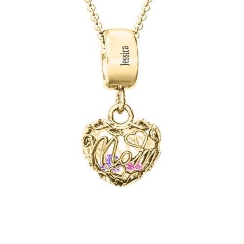 Engravable Mom Heart Cage Pendant with 2-4 Gemstones – 10K Yellow Gold with Amethyst and Pink Tourmaline