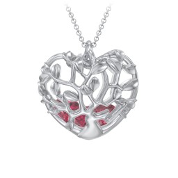 Family Tree Caged Heart Pendant in 925 Sterling Silver with Ruby